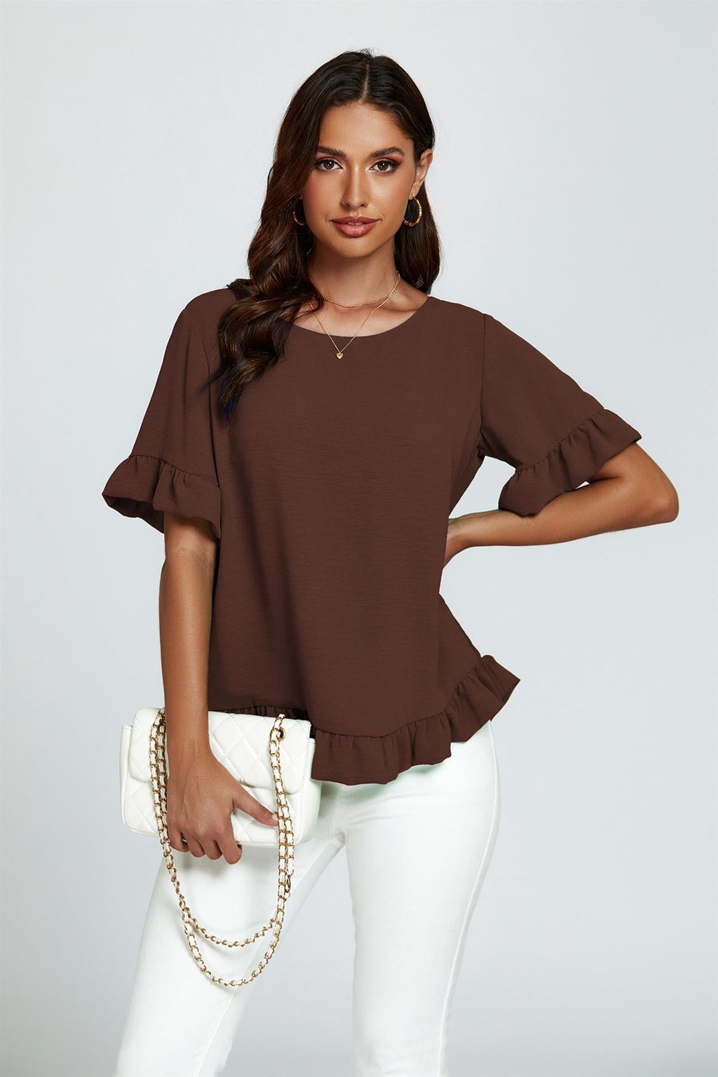 Frill Detail Short Sleeves Top In Brown