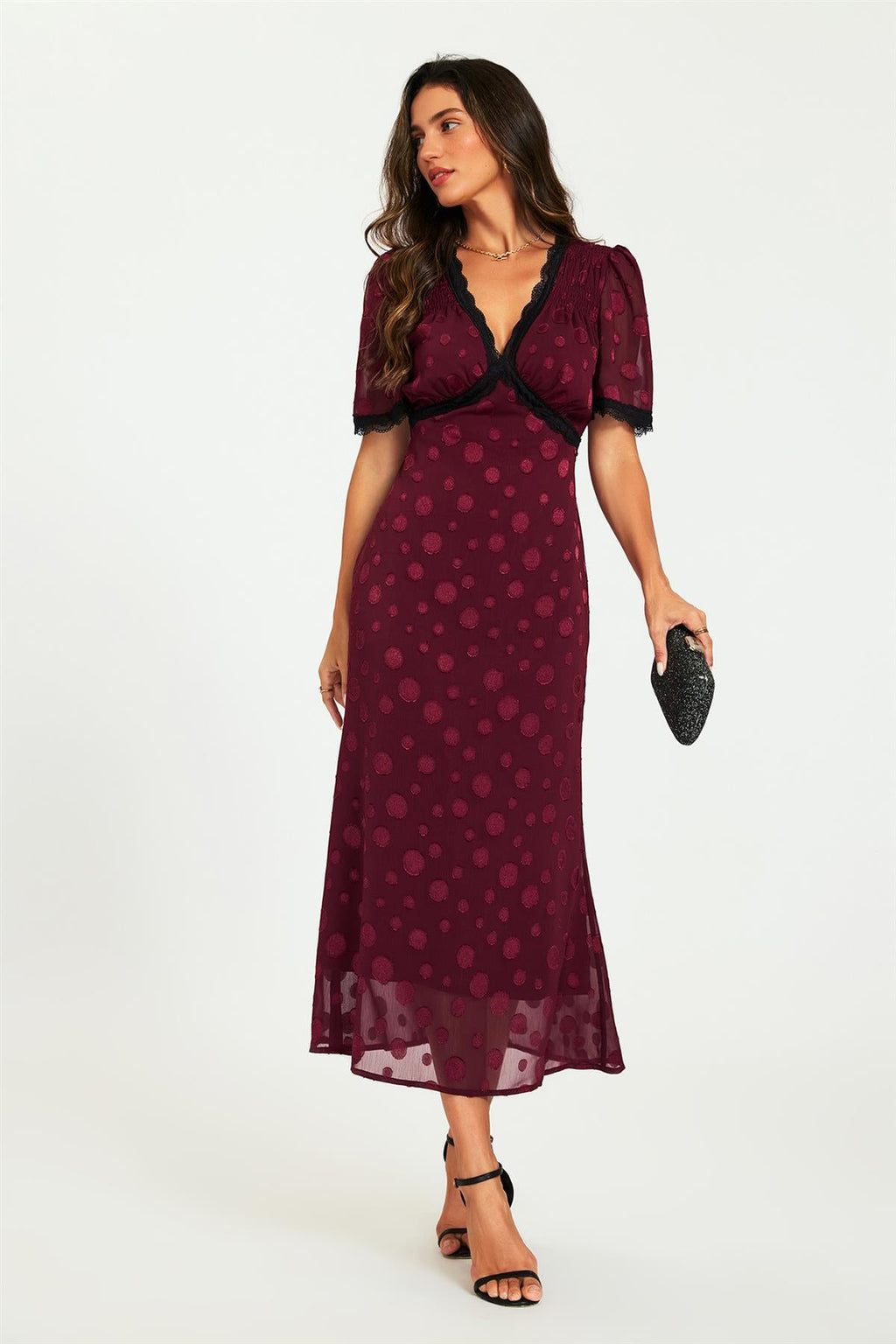 Polka Dot Jacquard Lace Trim Midi Dress In Wine