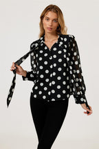 Dot Print Tie Detail long sleeve Blouse Top In Black