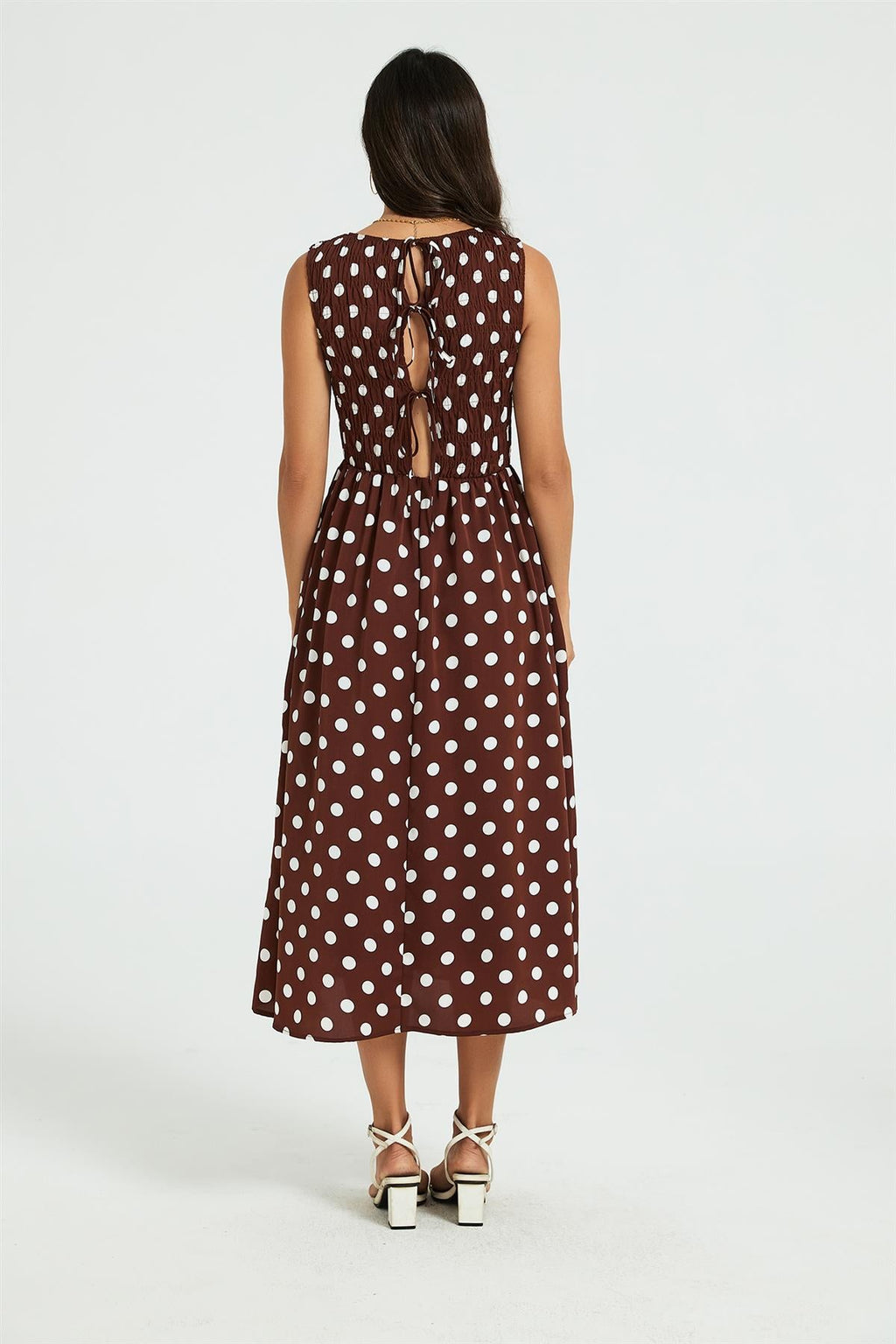 Dot Print Tie Back Sleeveless Shirred Top Midi Dress Brown