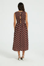 Dot Print Tie Back Sleeveless Shirred Top Midi Dress Brown