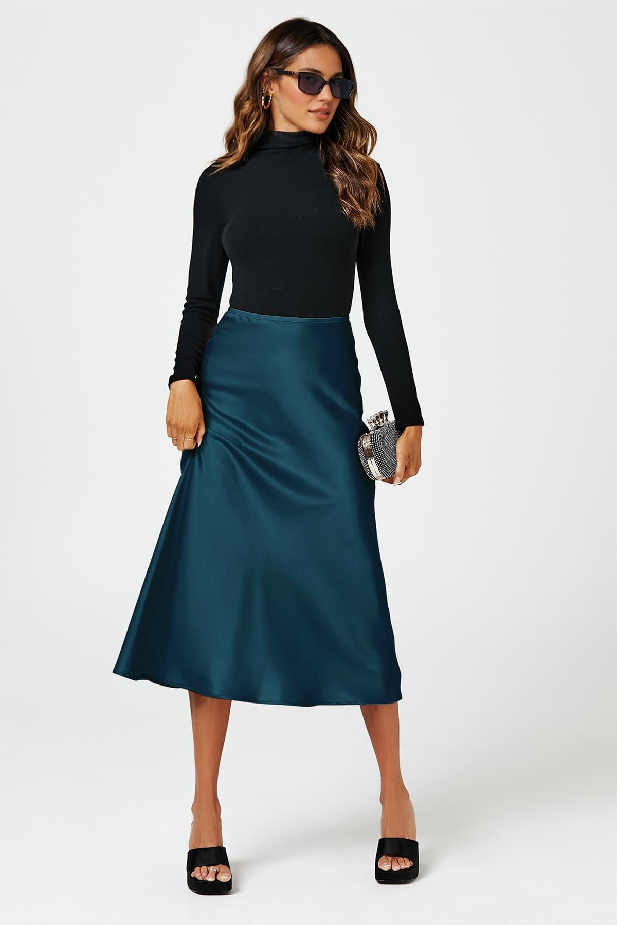 Teal Satin Midi Skirt