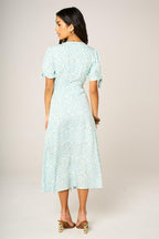 Green Blue Floral Print Button Front Tie Sleeve Midi Dress In White