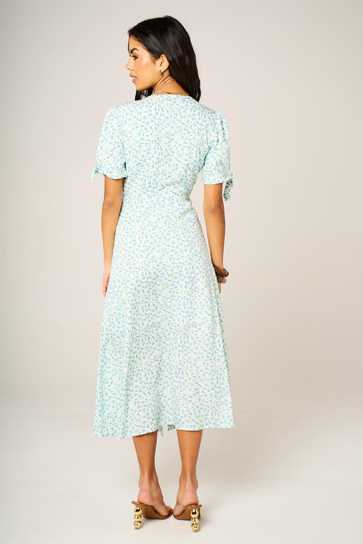 Green Blue Floral Print Button Front Tie Sleeve Midi Dress In White