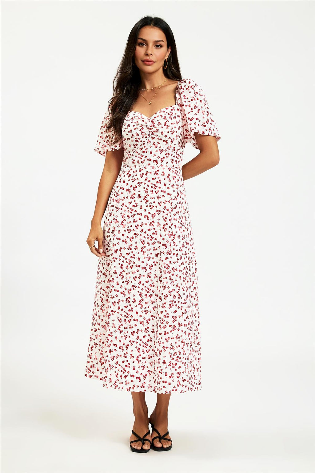 Floral Print Angel Sleeve Heart Neckline Midi Dress In White