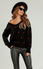 Embroidery Red Heart V Neck Jumper In Black