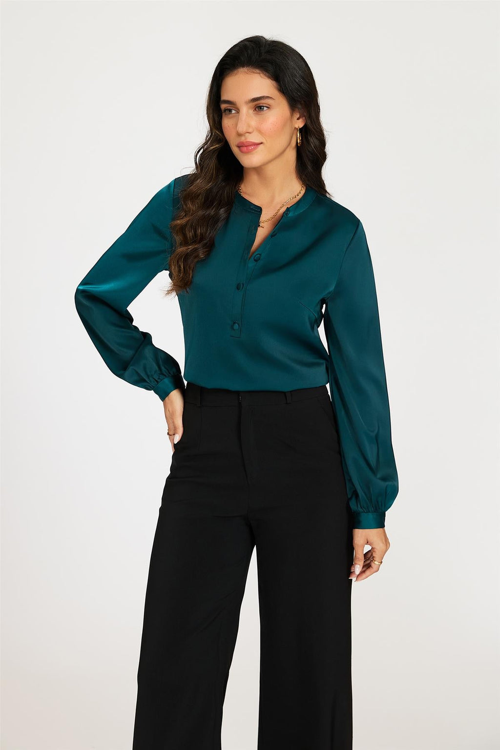 Long Sleeve Satin Blouse Top In Teal
