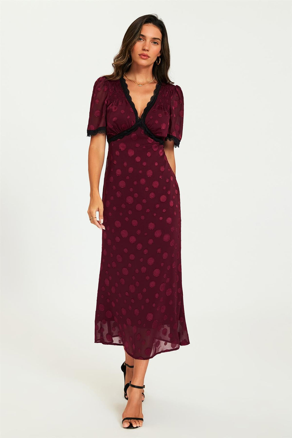 Polka Dot Jacquard Lace Trim Midi Dress In Wine