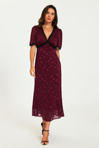 Polka Dot Jacquard Lace Trim Midi Dress In Wine