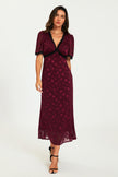 Polka Dot Jacquard Lace Trim Midi Dress In Wine
