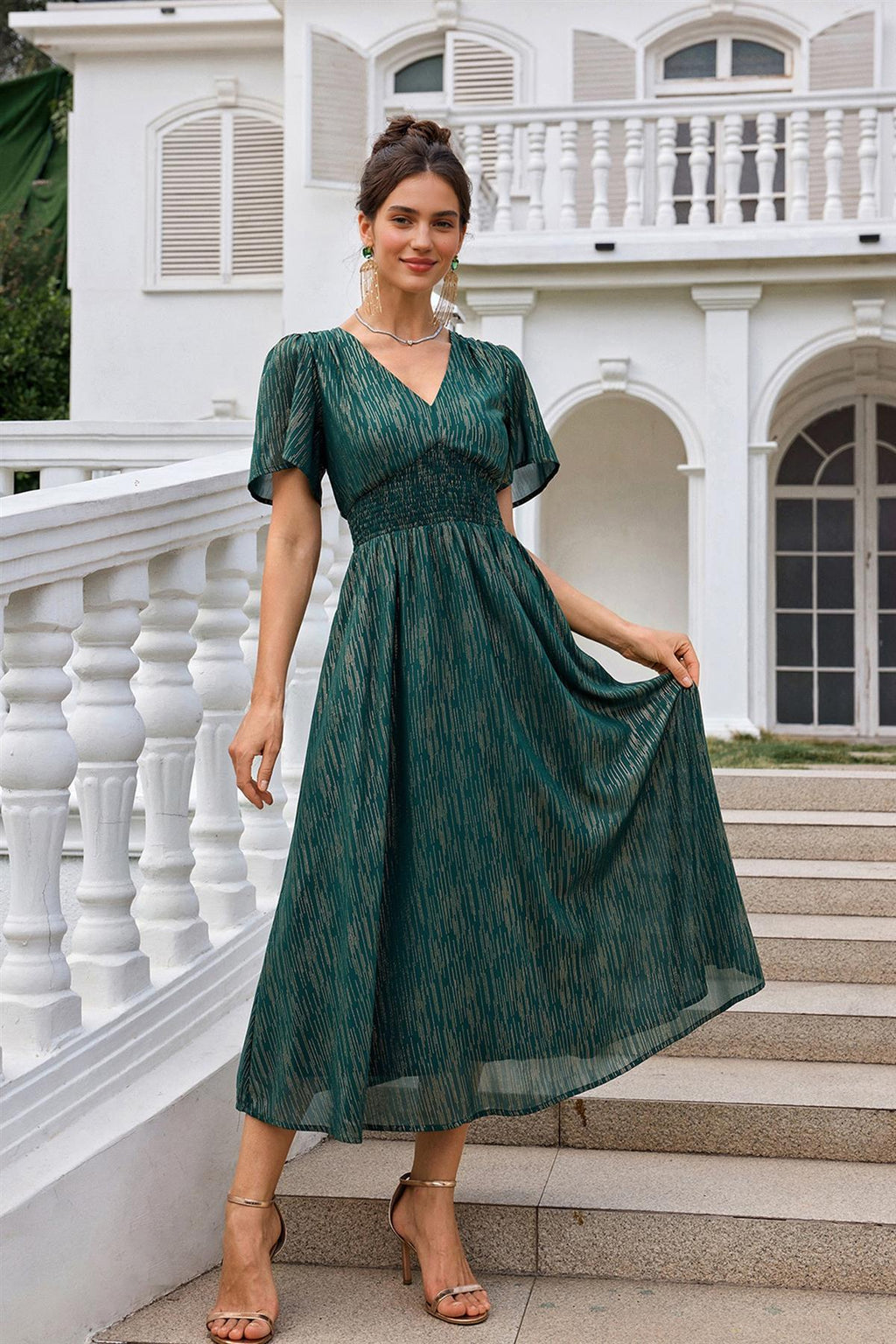 Angel Sleeve Gold Stripe Foil Midi Dress In Green