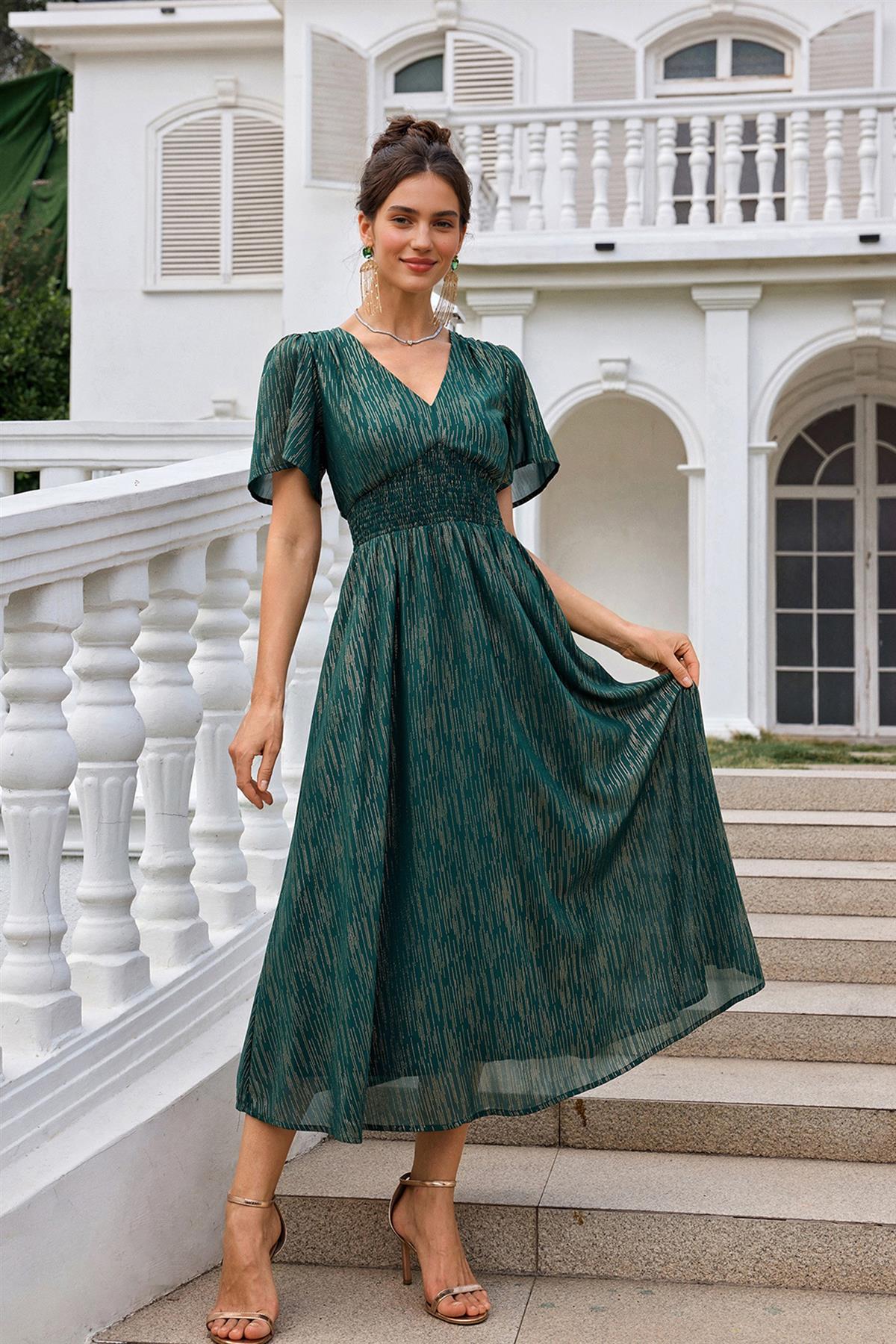 Angel Sleeve Gold Stripe Foil Midi Dress In Green