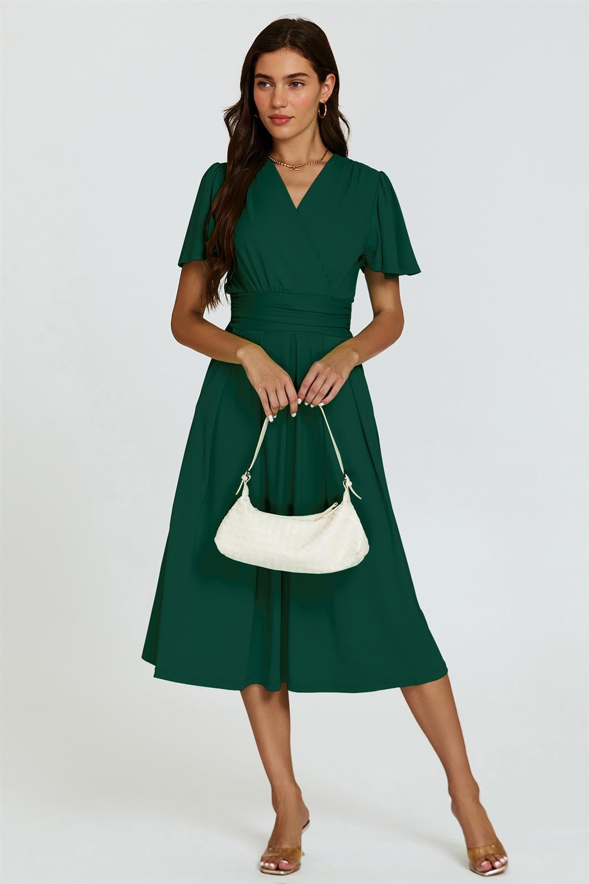 Angel Sleeve Jersey Midi Dress In Dark Green