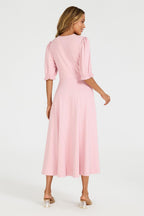 Half Sleeves Jersey Midi Dress with Wrap Neckline In Dusty Blush
