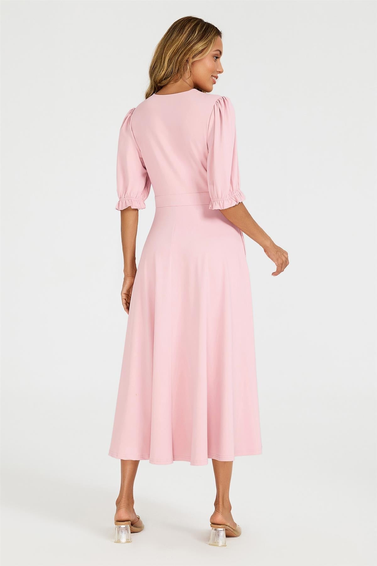 Half Sleeves Jersey Midi Dress with Wrap Neckline In Dusty Blush