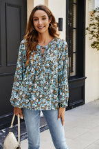 Floral Print long sleeve Blouse Top In Blue