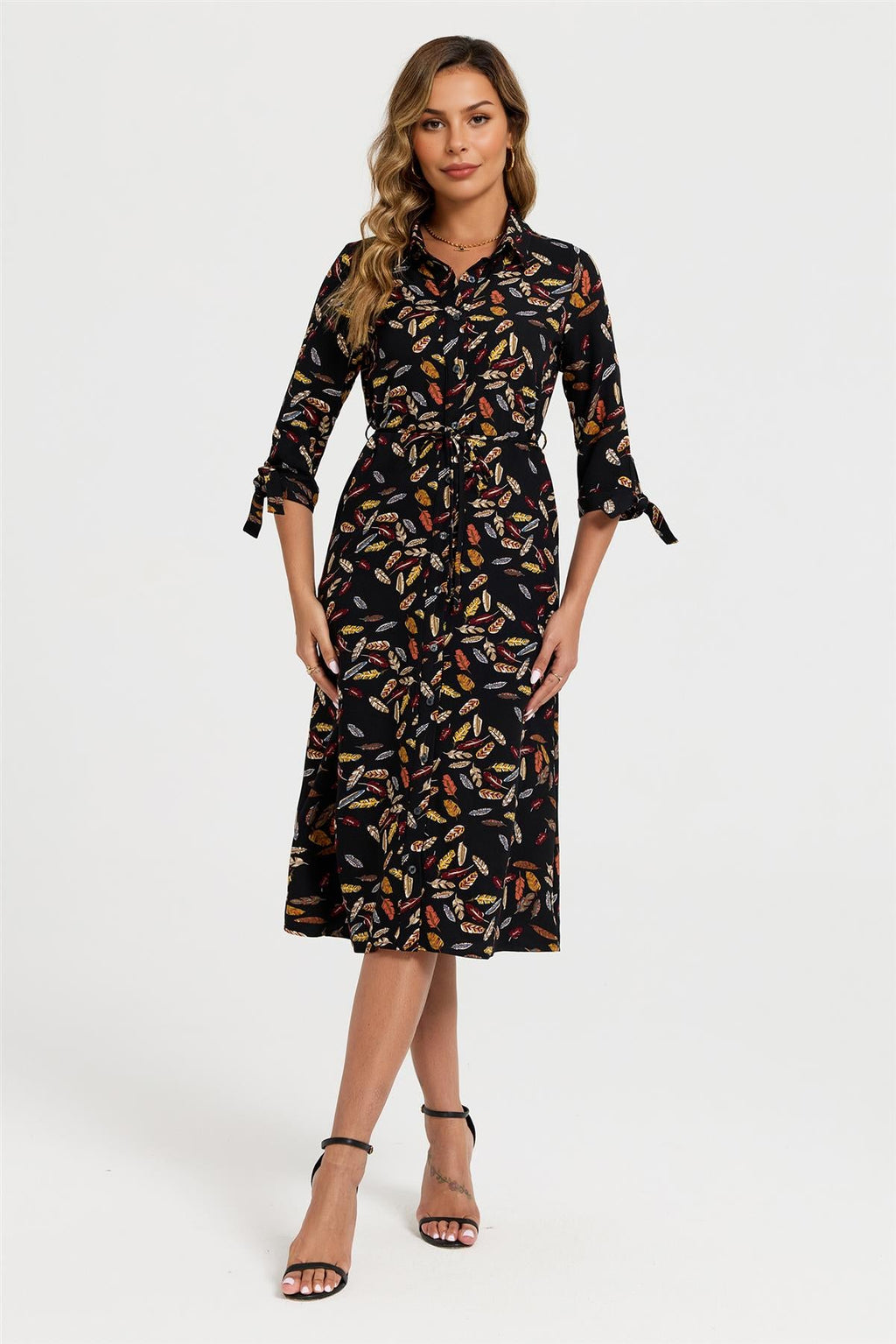 Leaf Print Tie On Sleeves Midi Shirt Dress In Black