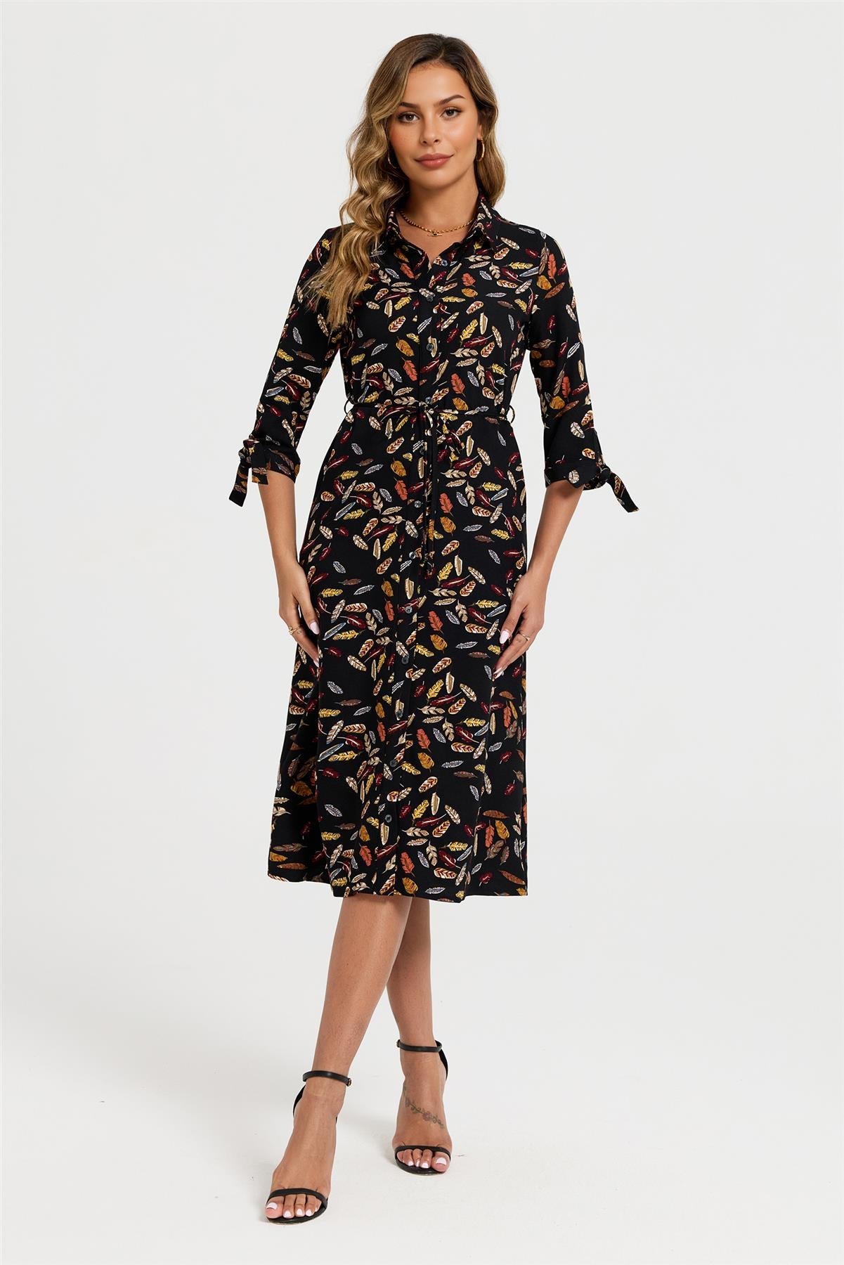 Leaf Print Tie On Sleeves Midi Shirt Dress In Black