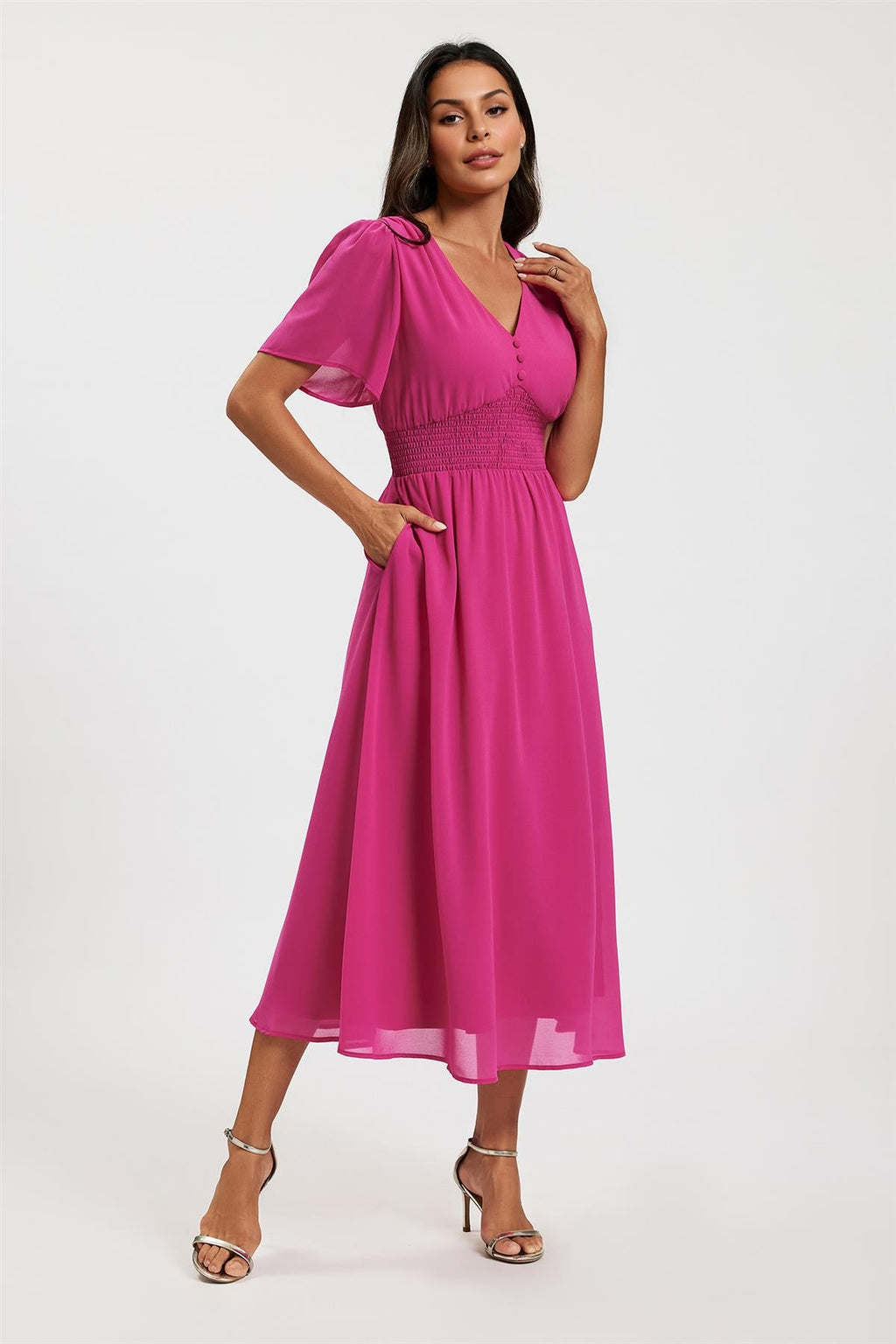 Fuchsia V Neckline Shirred Waist Midi Dress