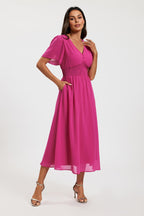 Fuchsia V Neckline Shirred Waist Midi Dress
