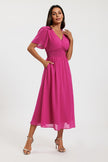 Fuchsia V Neckline Shirred Waist Midi Dress