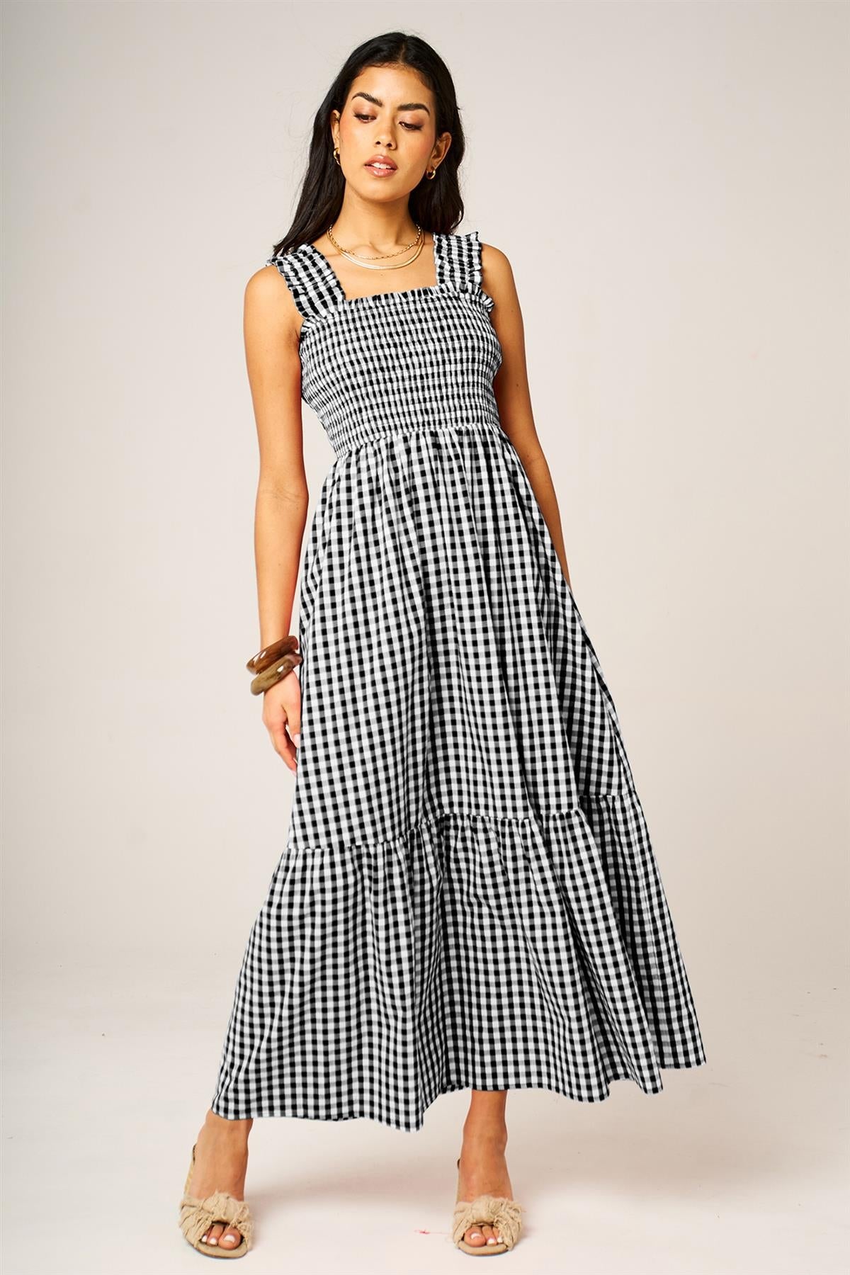 Check Print Hem Detail Maxi Dress In Black