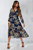Robe longue à manches longues imprimé floral bleu marine