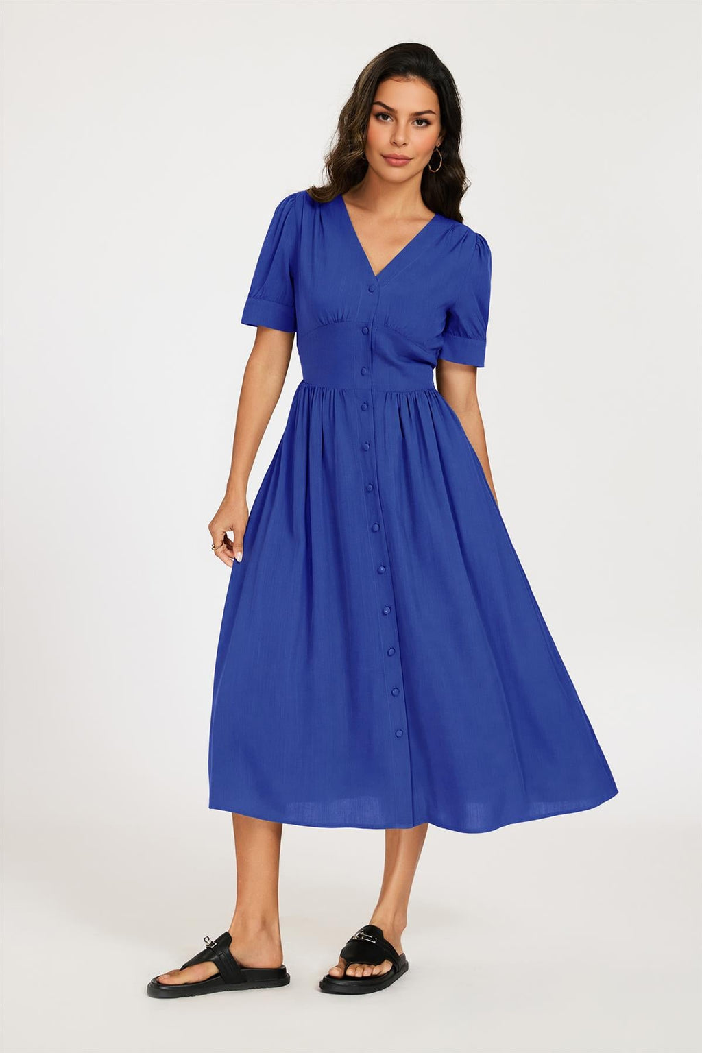 Button Front Short Sleeve Midi Dress In Blue