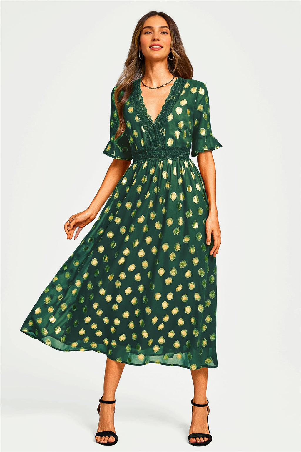 Gold Foil Long Sleeve Lace Trim V Neck Maxi Dress In Green