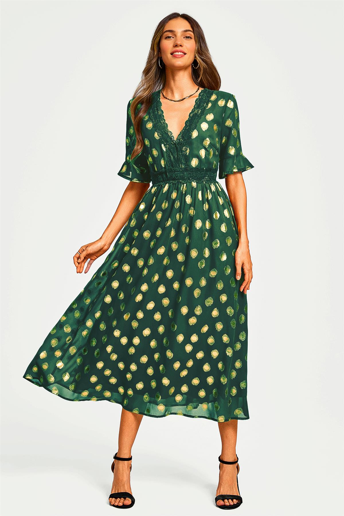 Gold Foil Long Sleeve Lace Trim V Neck Maxi Dress In Green