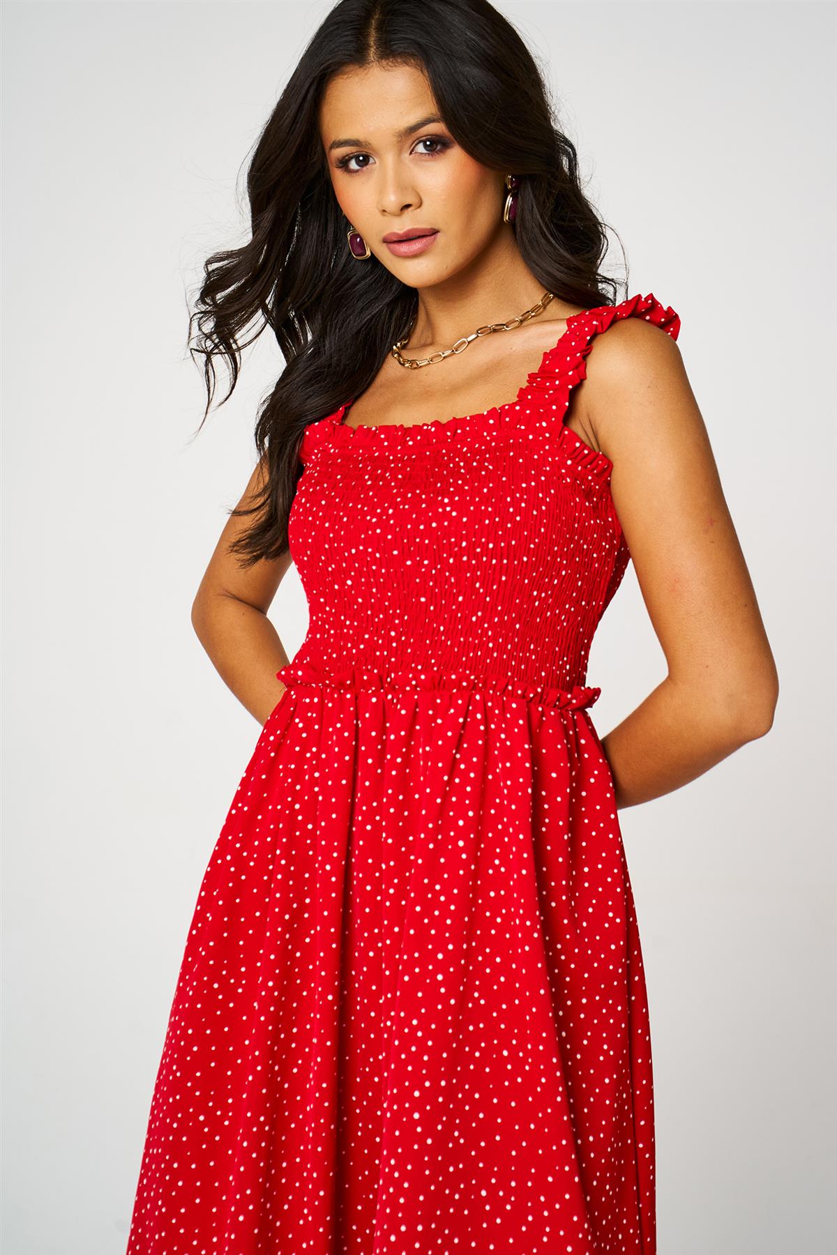 Dot Print Hem Detail Maxi Dress In Red