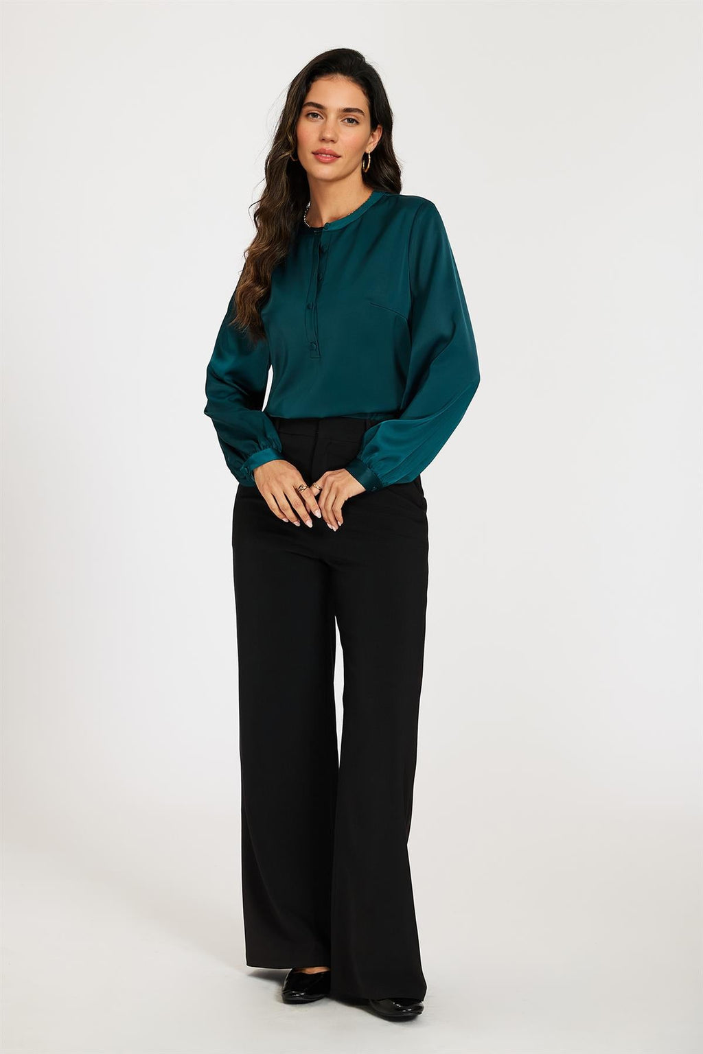 Long Sleeve Satin Blouse Top In Teal