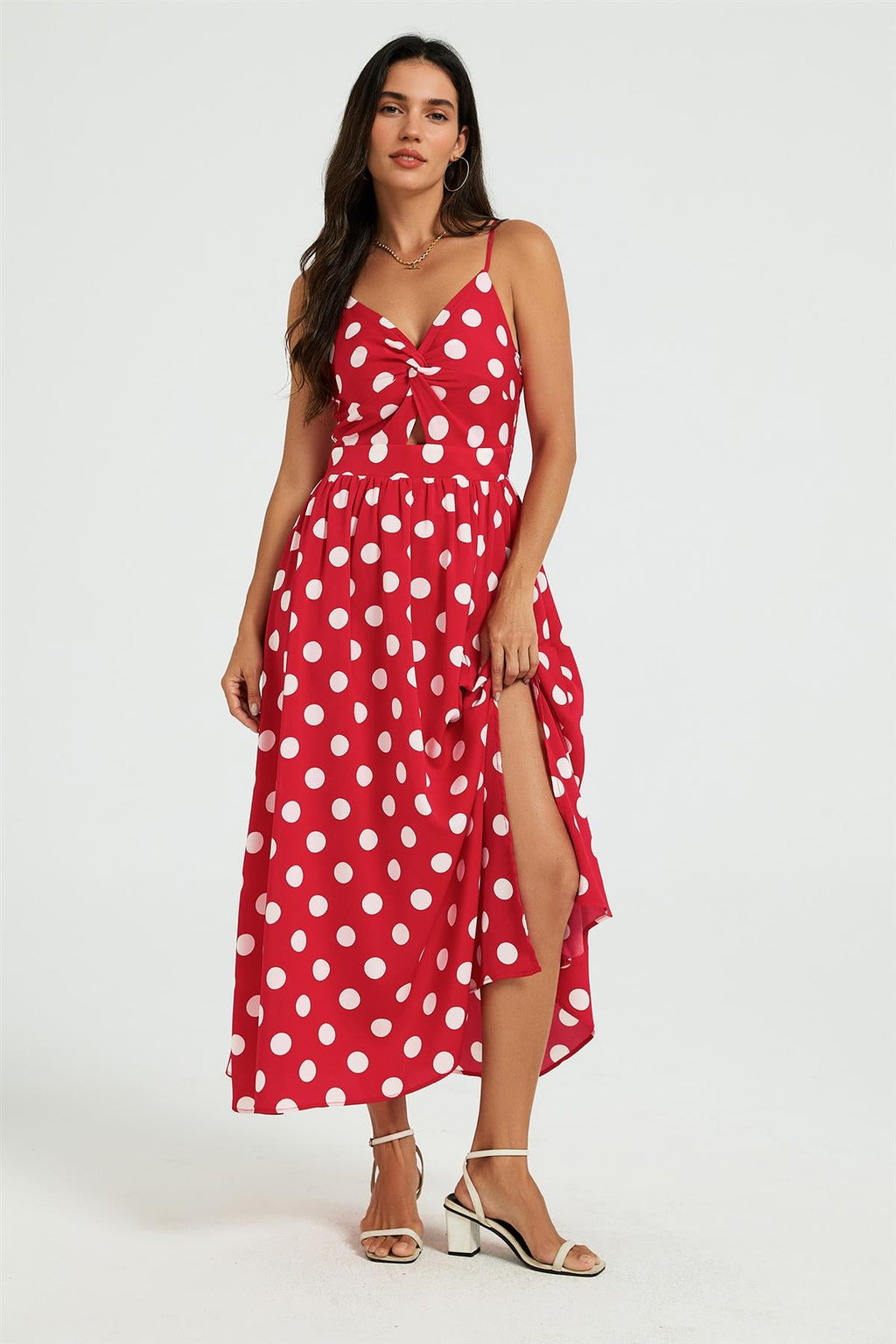 Dot Print Knot Front Midi Dress In Red