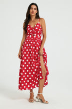 Dot Print Knot Front Midi Dress In Red