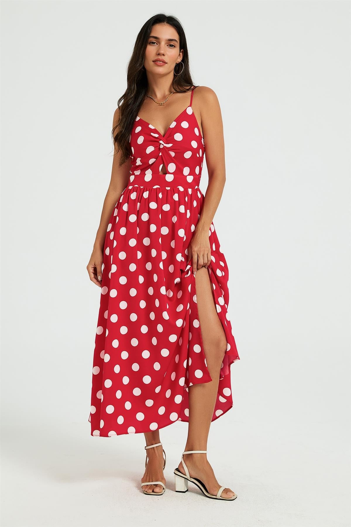 Dot Print Knot Front Midi Dress In Red