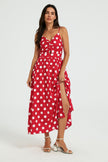Dot Print Knot Front Midi Dress In Red
