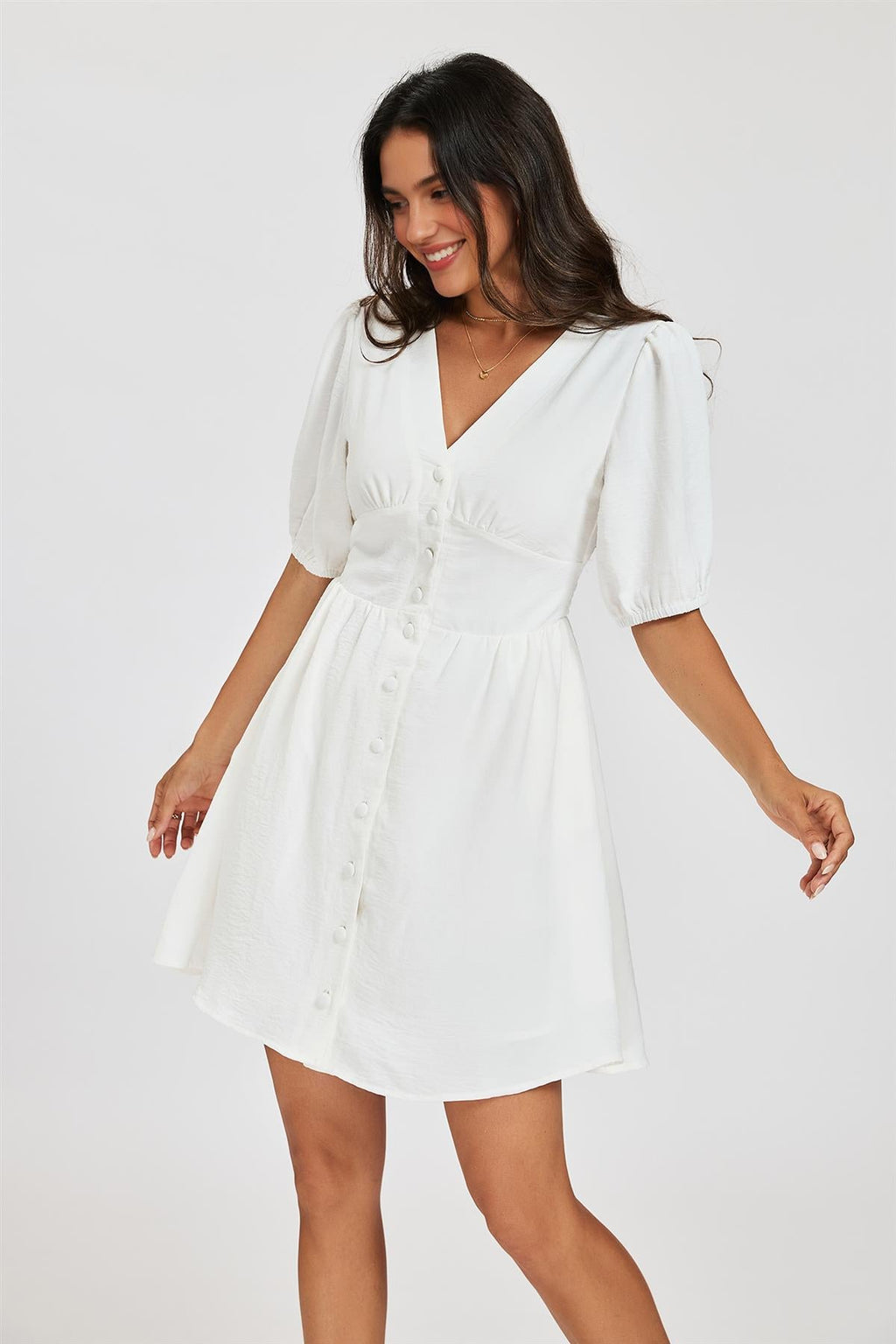 Puff Sleeve Button Down Mini Dress In White