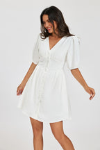 Puff Sleeve Button Down Mini Dress In White