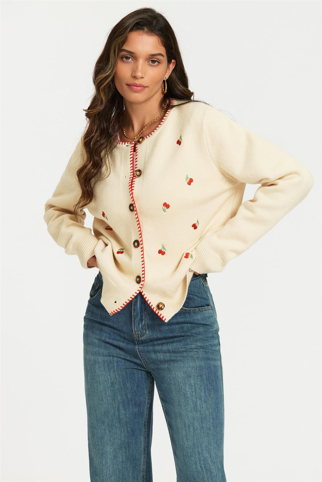 Red Trim Embroidered Cherry Knit Cardigan In Cream
