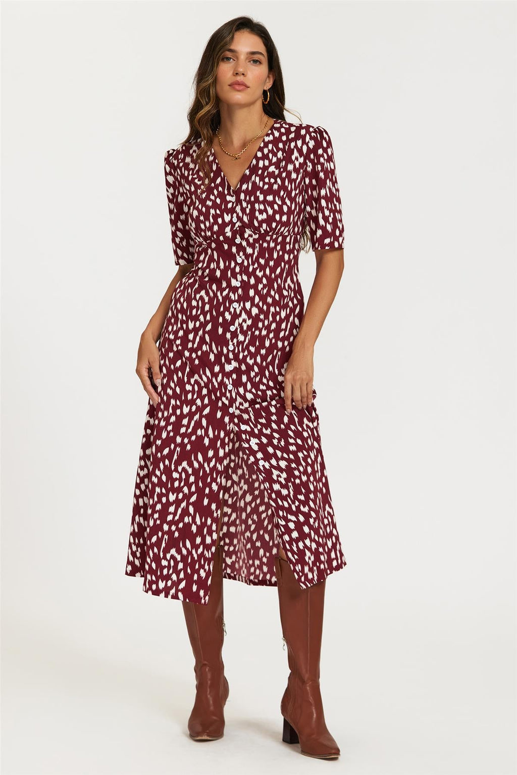 Brushstroke Print Button Front Midi Dress In Burgundy