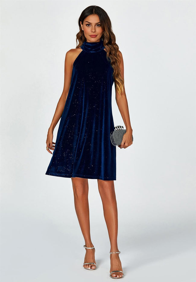 Robe courte bleu marine en velours avec dos nu à nouer et détails en feuille d'argent