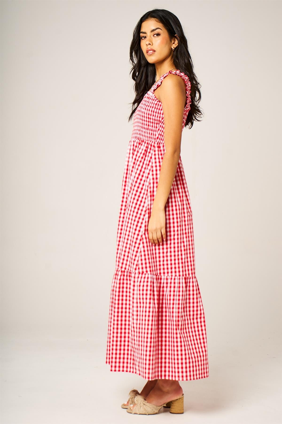 Check Print Hem Detail Maxi Dress In Red
