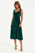 Floral Velvet Devore Sweetheart Neck Midi Dress In Green