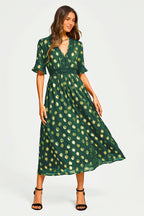 Gold Foil Long Sleeve Lace Trim V Neck Maxi Dress In Green