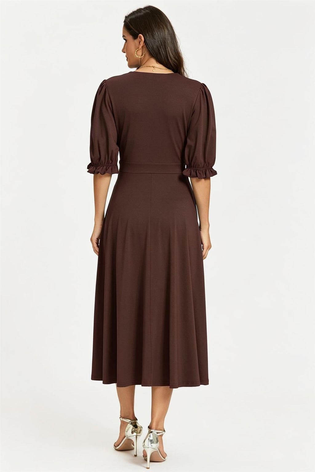 Half Sleeves Jersey Midi Dress with Wrap Neckline In Chocolate