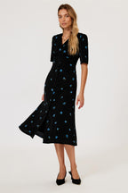 Blue Floral Print Button Front Midi Dress In Black