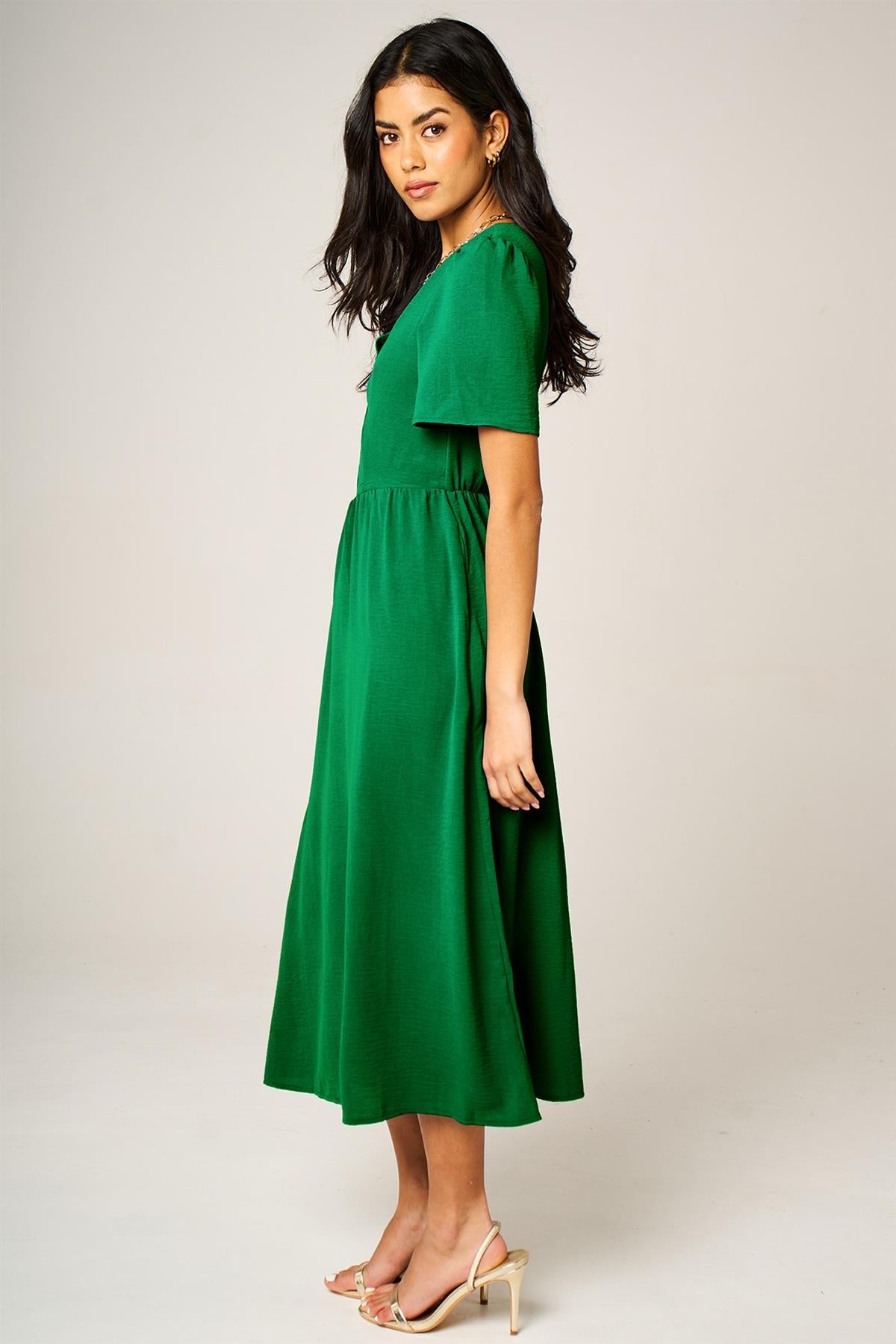 Button Front Midi Dress In Green