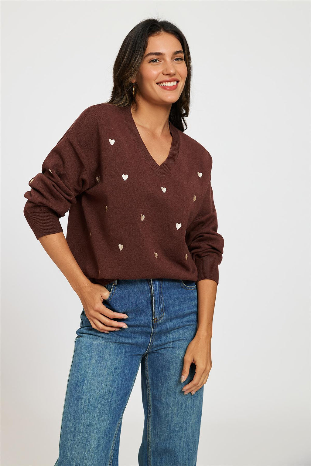 Embroidery Cream Heart V Neck Jumper In Brown