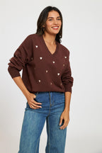 Embroidery Cream Heart V Neck Jumper In Brown