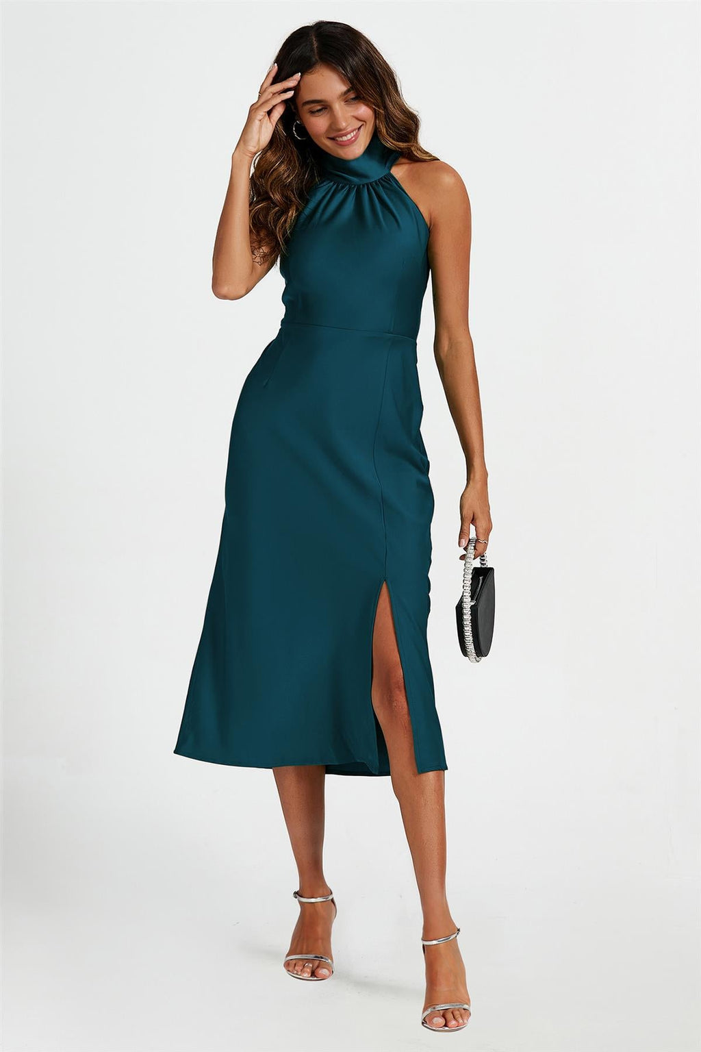 Satin Halter Neck Tie Back Midi Dress In Teal